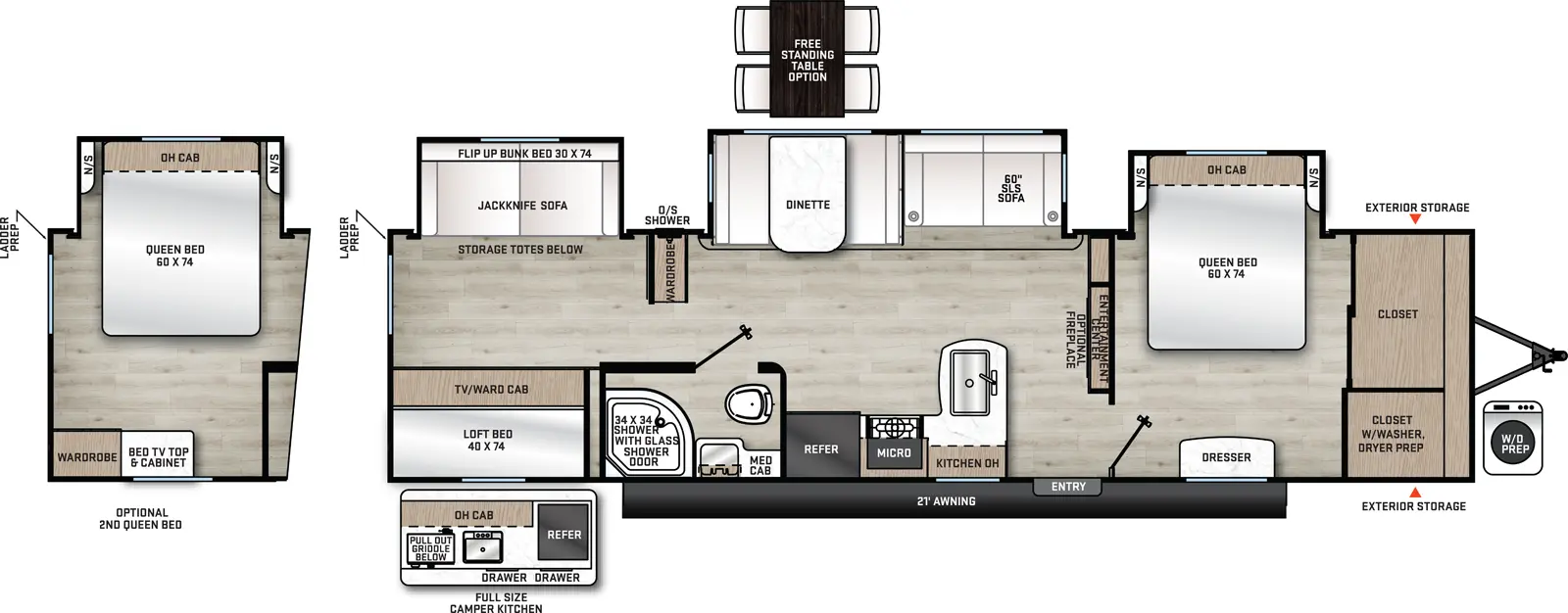 The Aurora 340BHTS floorplan has one entry and three slide outs. Exterior features include: fiberglass exterior, 21' awning and outside kitchen. Interiors features include: bunk beds and front bedroom.
