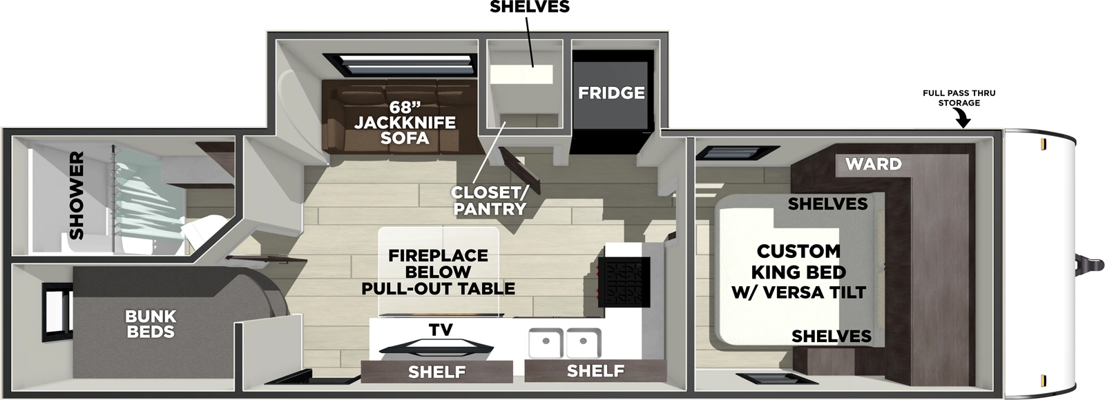 The Evo 260ICE floorplan has one entry and one slide out. Exterior features include: metal exterior. Interiors features include: bunk beds and front bedroom.