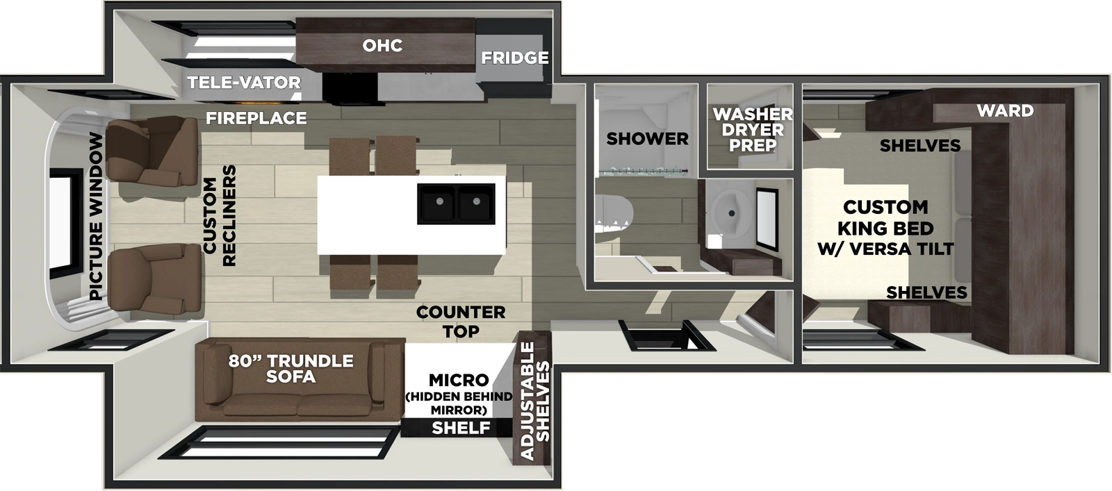 The Evo 270ZEN floorplan has one entry and two slide outs. Exterior features include: metal exterior. Interiors features include: kitchen island, front bedroom and rear living.